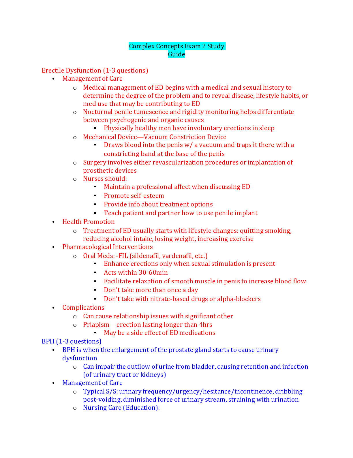 Preview image of NURS 3512 - Complex Concepts Exam 2 Study Guide document